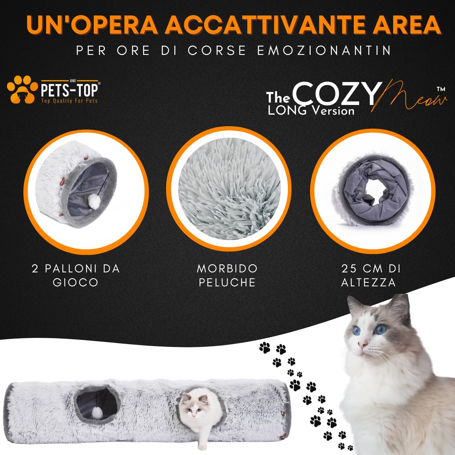 One PETS-TOP Tunnel Gatto Long, Tunnel per Gatto XXL, Giocattolo Interattivo per Interni in Morbido Peluche