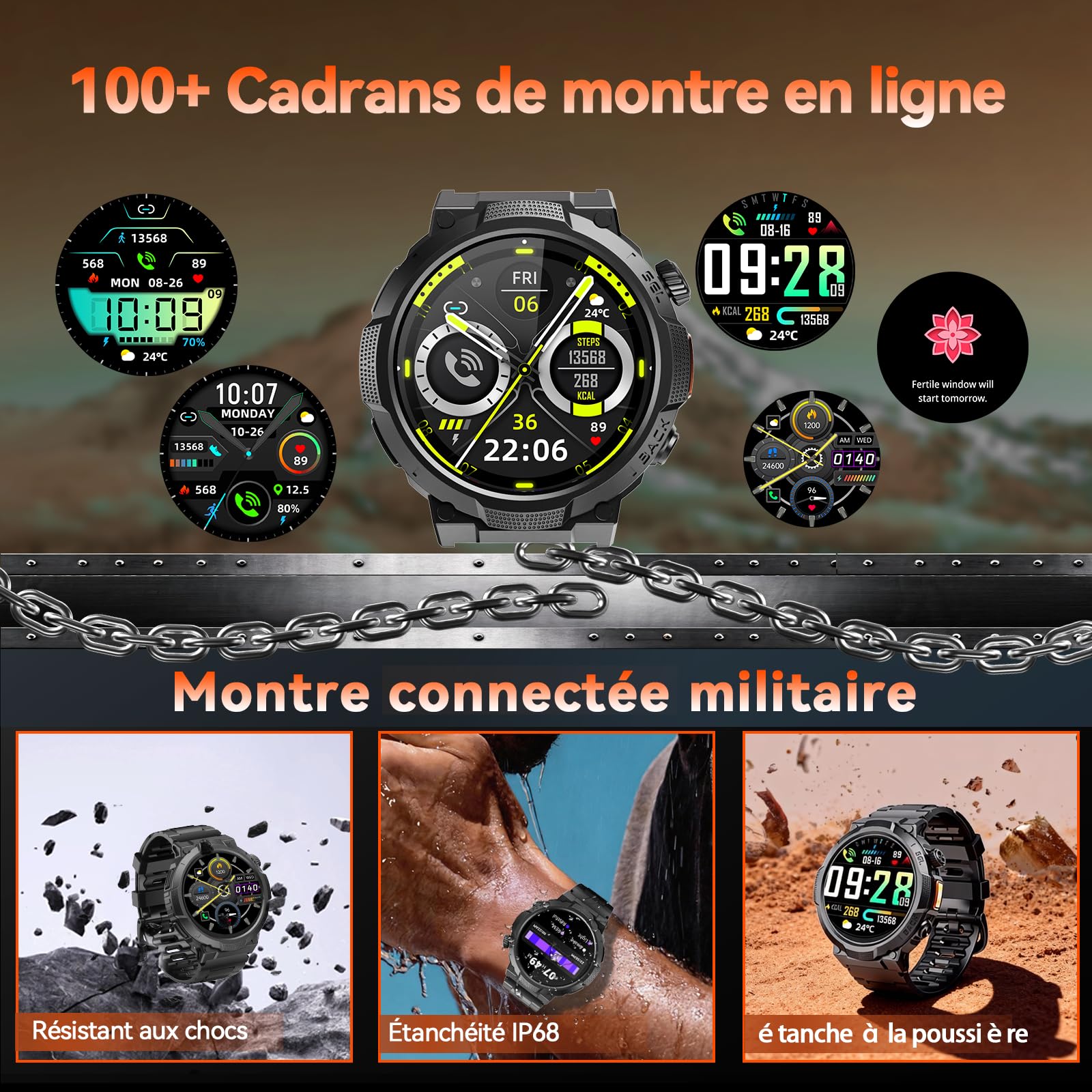 Soudorv Montre Connectée Homme, Militaire Smartwatch avec LED Lampe, Noir | 1000mAh, 1.53" HD avec Appel Bluetooth, Etanche IP68, Fréquence Cardiaque, Sommeil, 110+ Sportifs, Montre pour Android iOS