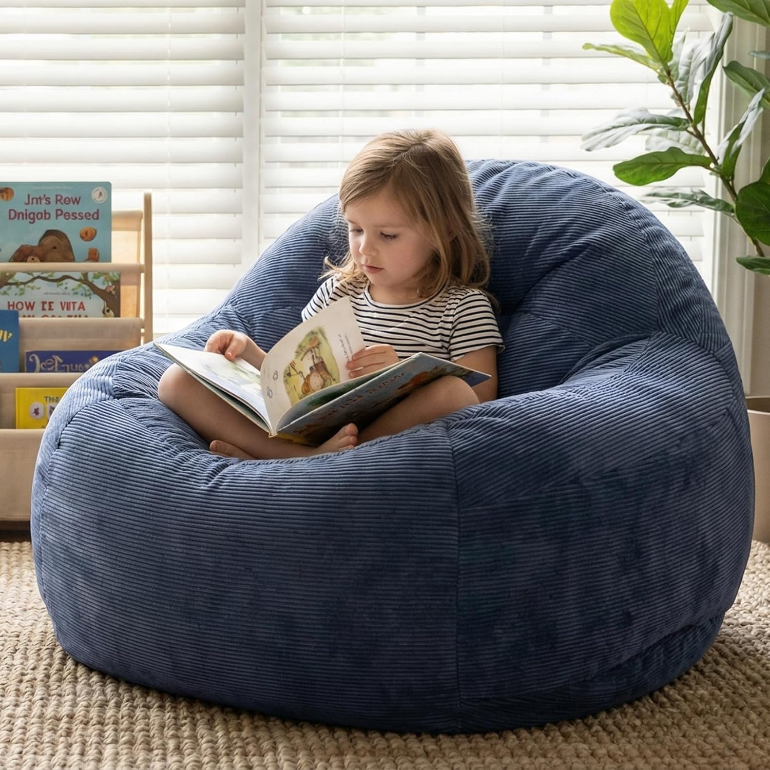 Bean Bag Chair for Kids/Teens with Armrests,3FT Round Memory Foam Filled Bean Bag,33'D'×33.5'W'×24'H',for Bedroom,Living Room,Reading,Dorm,Navy Blue