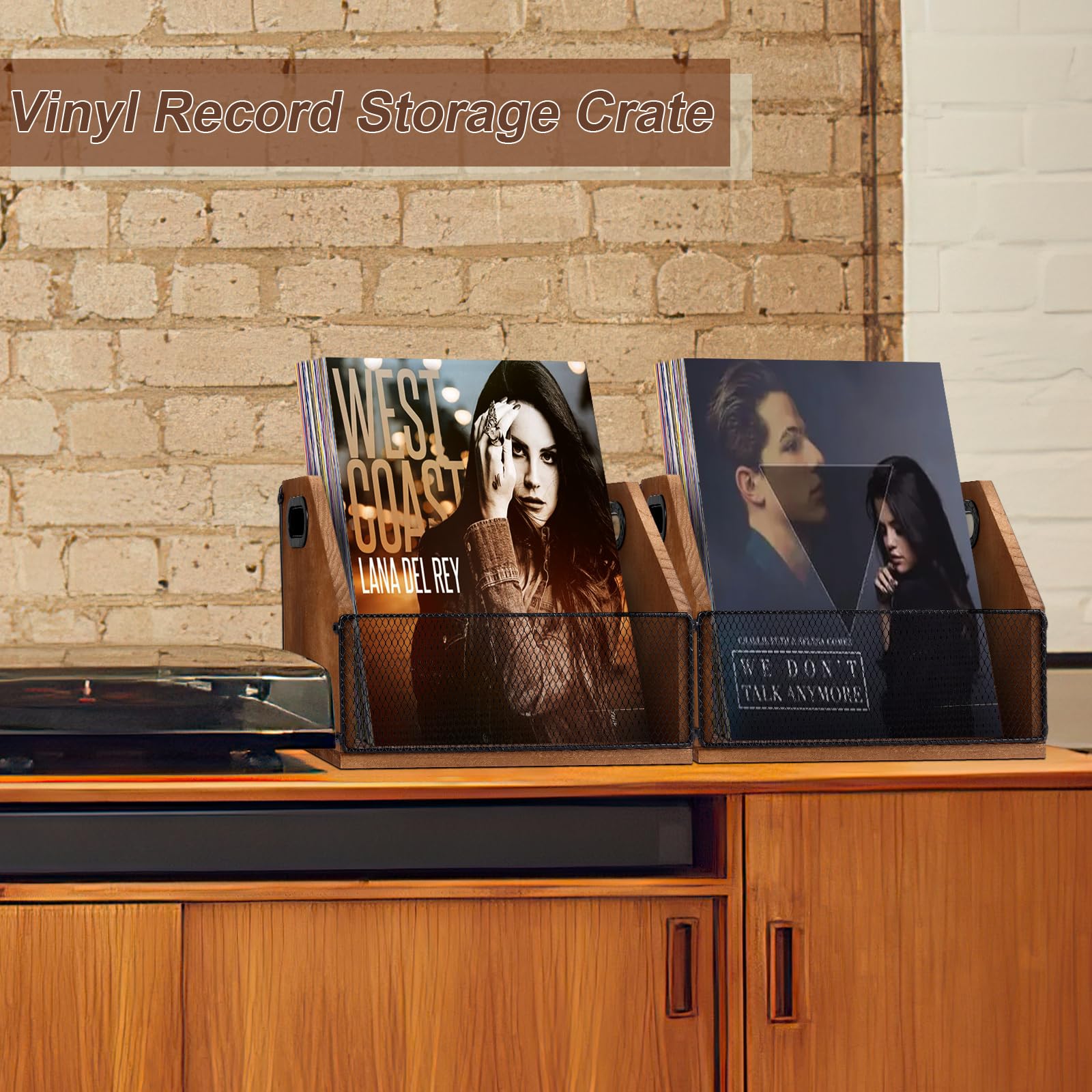 Vinyl Record Storage, 2 Pack Wooden Record Holder, Vinyl Record Box Case Crate with Metal Grid, Holds up to 120 Records, Classic LP Album Record Storage Desktop Organizer for Albums, Easy to Assemble