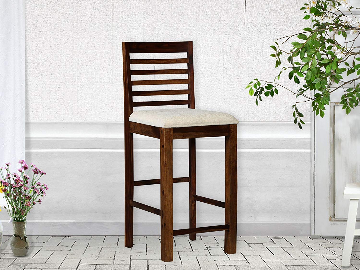 Vivek Wood Wooden Bar Chairs for Home Long High Chair with Cushion