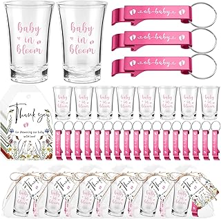 Singhoow 50 Sets Baby Shower Favor for Guests Acrylic Shot Glasses with Bottle Opener Keychains Thank You Tags and Bags Gender Reveal Party Favors for Guest Baby Shower Return Gift(Bloom)
