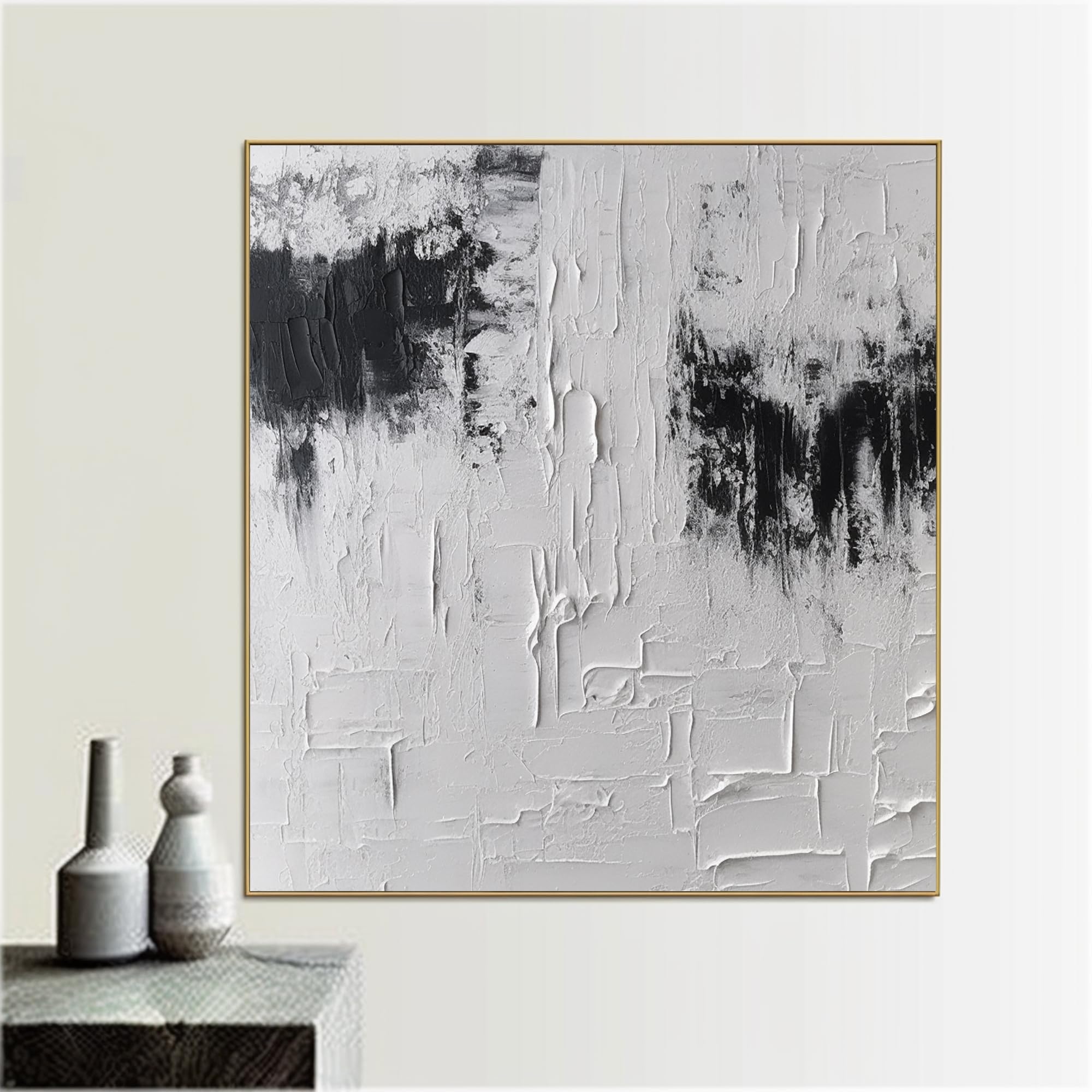 YUSUZHU Grote Zwarte Minimalistische Wandkunst Schilderij Zwart 3D Textuur Canvas Foto's Eenvoudig Abstract Schilderen voor Woonkamer Decor 21 x 30 cm Met lijst