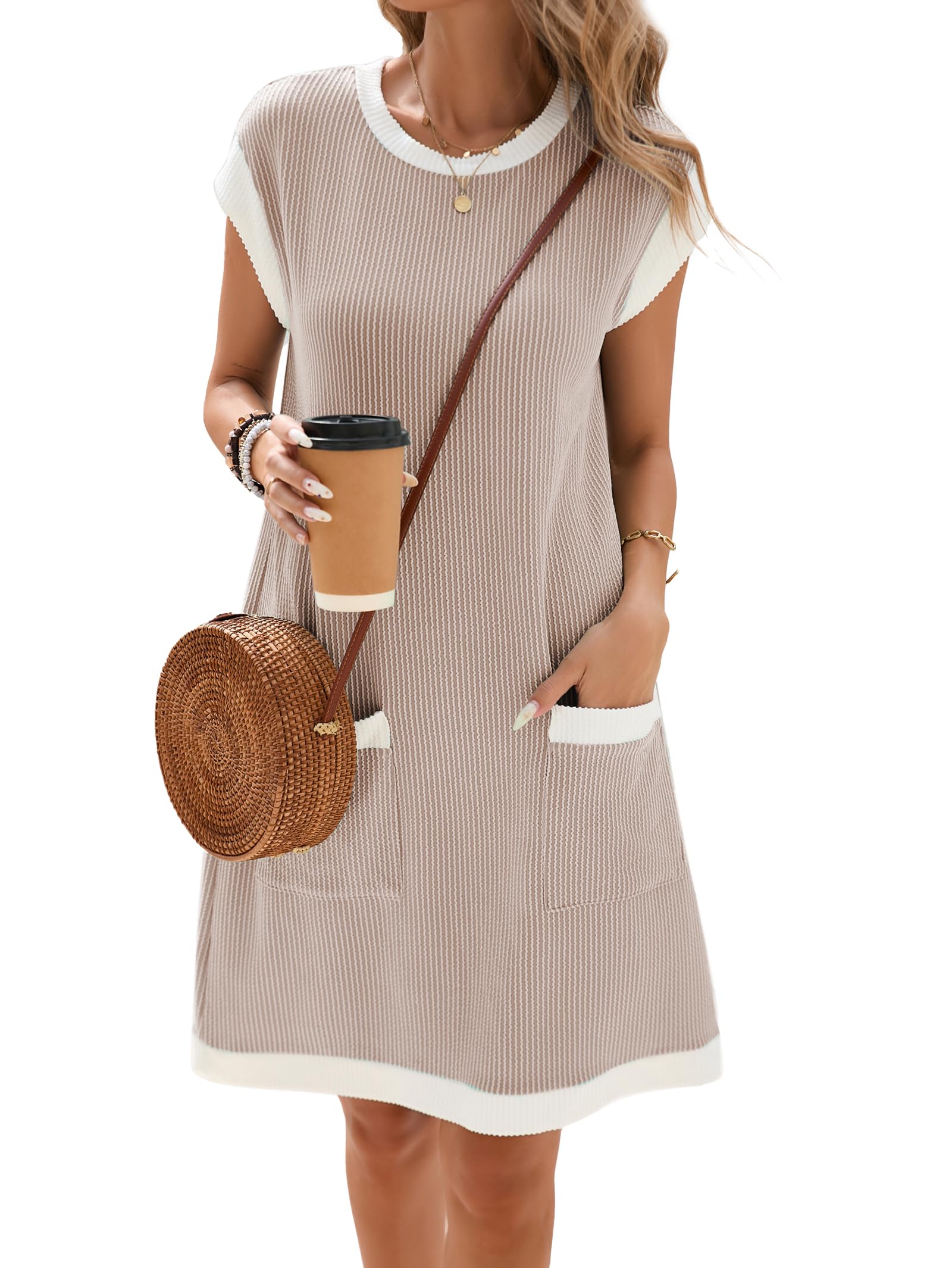 Famulily Abito estivo da donna, casual, con scollo a V, con tasche, taglie S-XXL