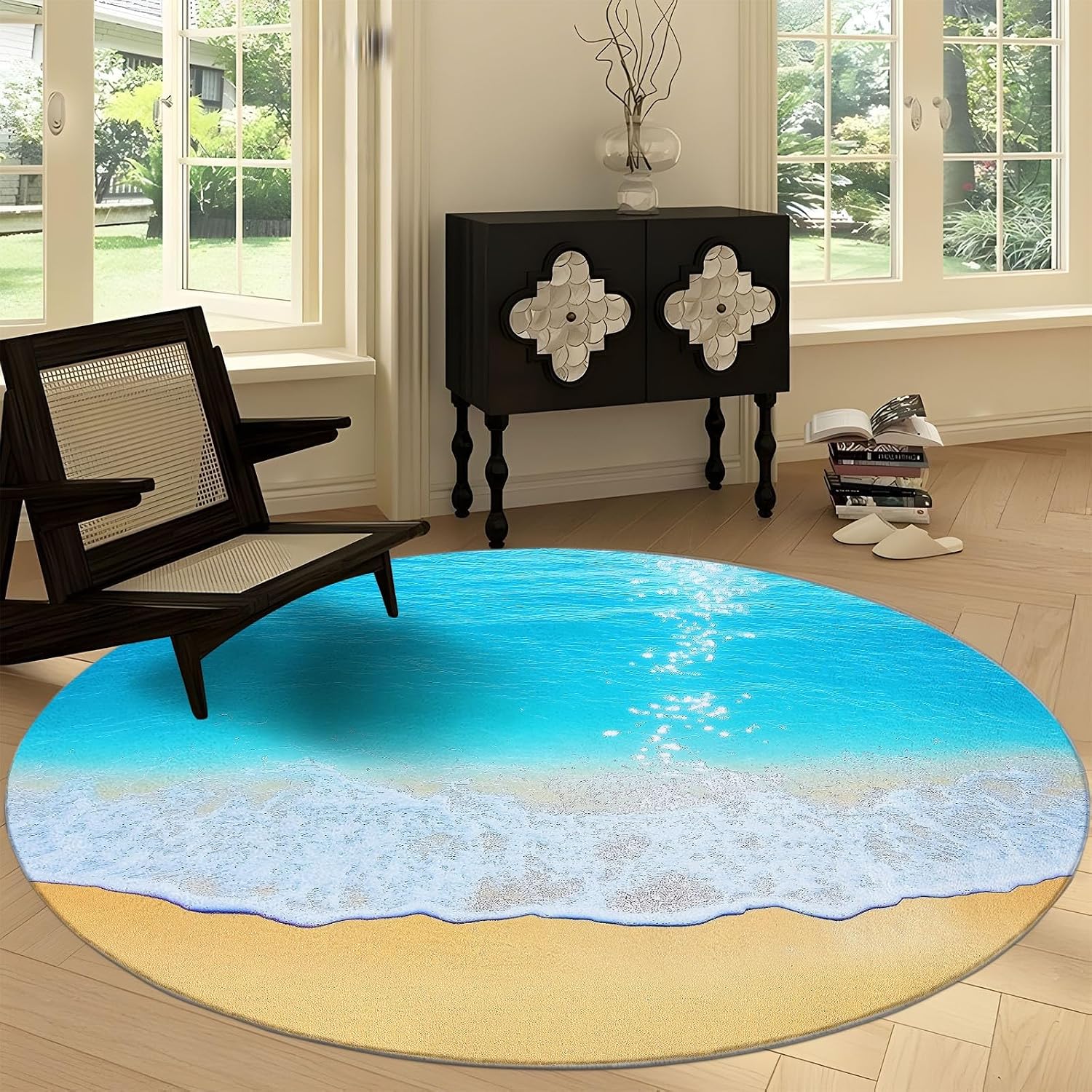Amazon.com: Non Slip 6 ft Round Rug for Living Room, Beach Waves Golden ...