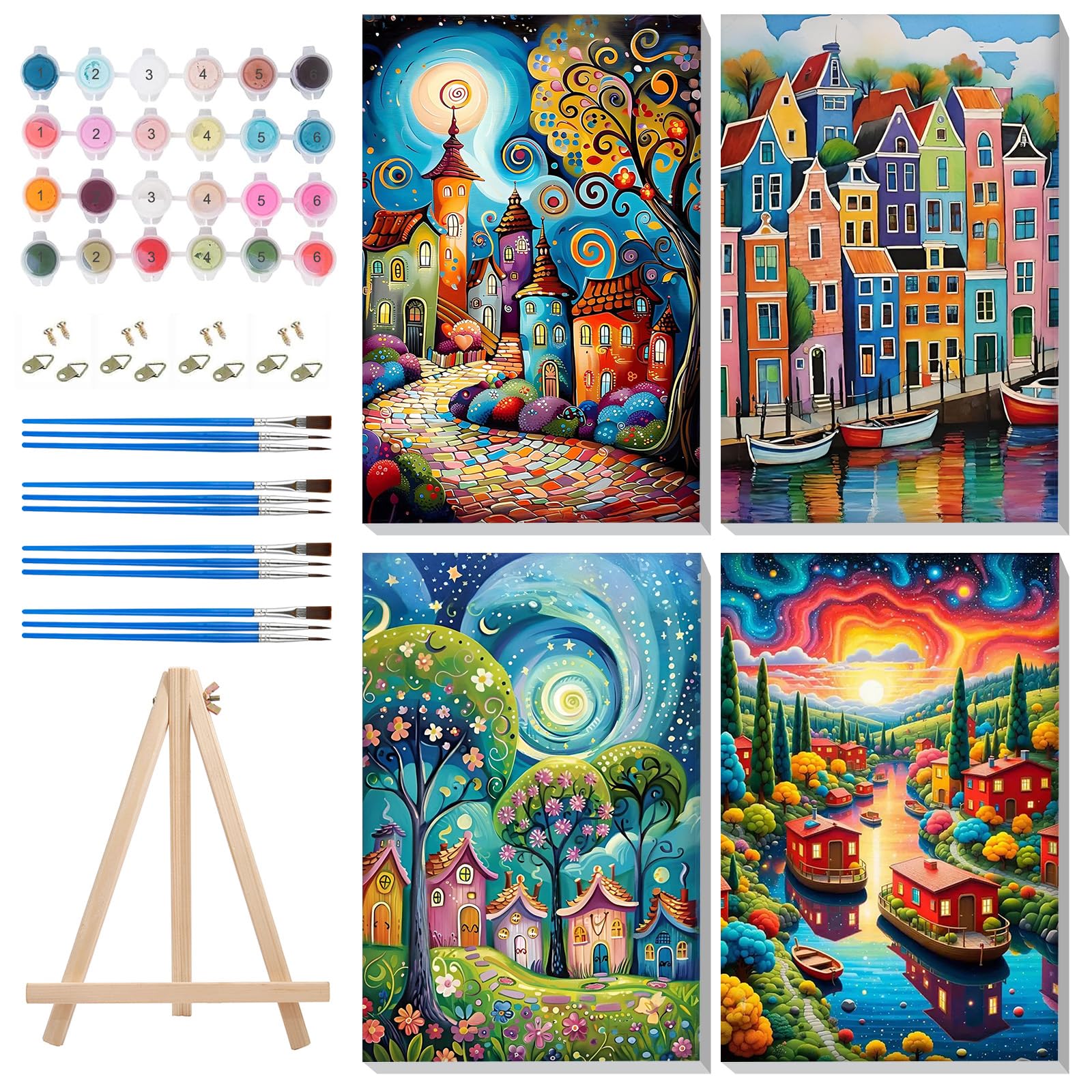 MISCER Set of 4 Framed Painting by Numbers Adults, Landscape Painting by Numbers Adults Beginners with Wooden Easel, DIY Starry Sky Oil Painting Canvas Kit for Home Decoration, 20 x 30 cm