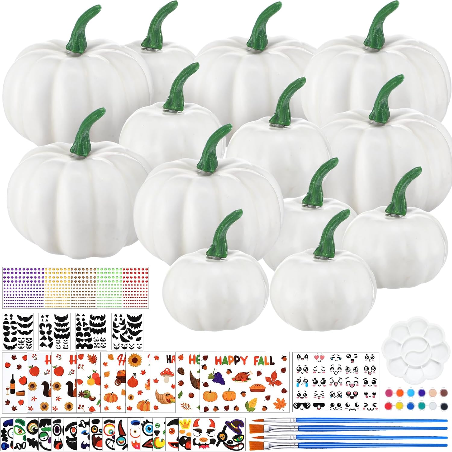 Simgoing 36 Sets Thanksgiving Pumpkin Painting Kits White Plastic Pumpkin with Stickers Paint Paintbrushes Thanksgiving Crafts for Holiday Activity Coloring DIY Art Projects Party Decoration