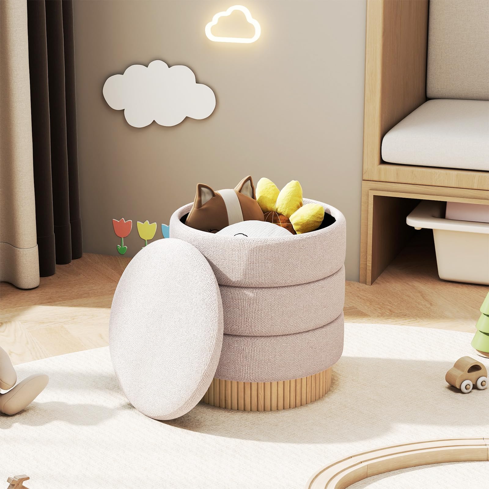 COSTWAY Puff con Almacenaje, 43x46 cm, Taburete de Tocador Redondo con Tapa Extraíble y Base de Madera, Asiento Tapizado, Mesa Ayudante y Reposapiés en uno para Salón, Dormitorio, Carga 150kg, Beige