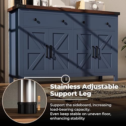 Miniatura 5 de Gabinete Buffet con Almacenamiento Estilo Granja con 4 Puertas y 2 Cajones, Gabinete de Almacenamiento de Cocina Grande de 55'' Madera Azul Barra de