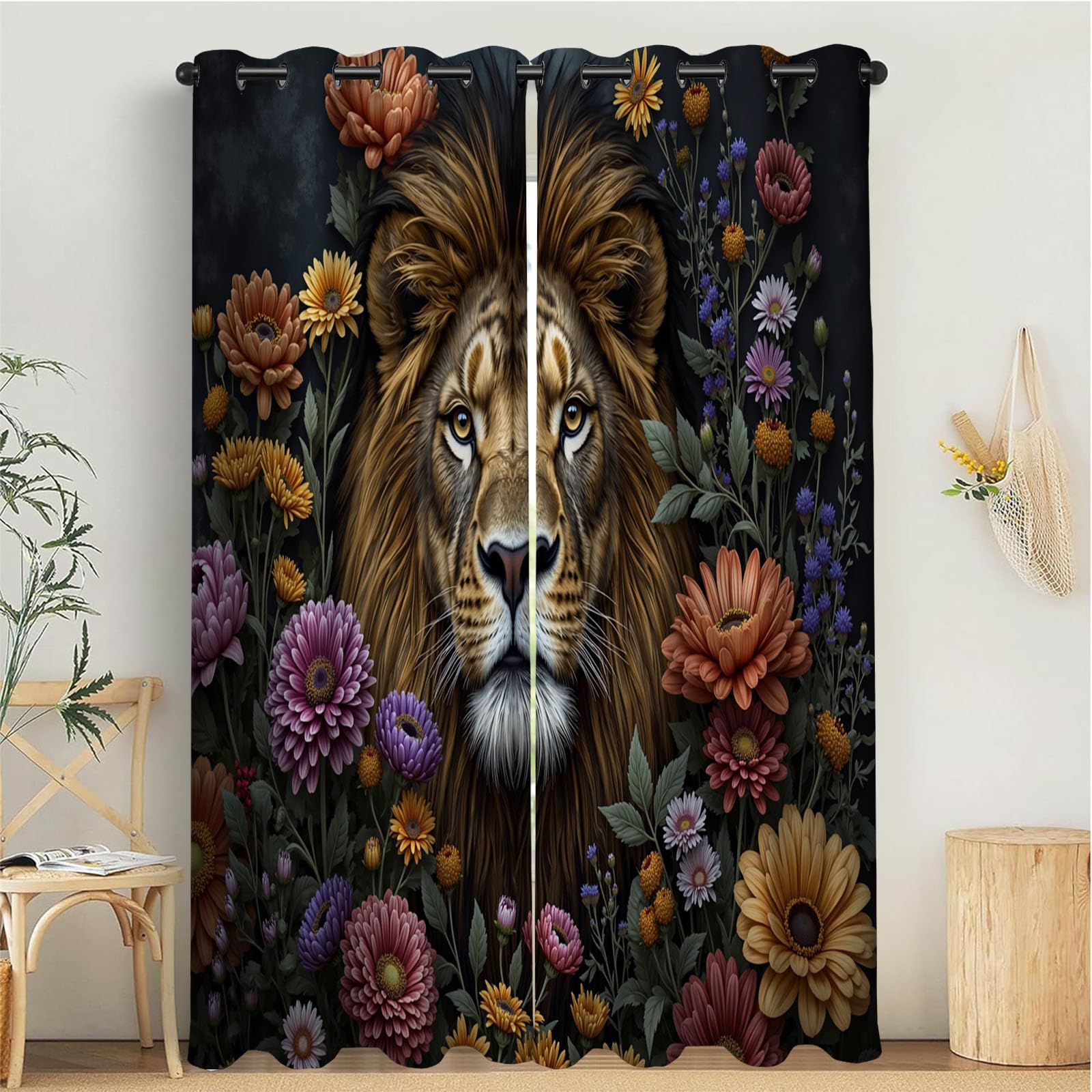 Rideau à oeillets salon et chambre d'enfant motif fleurs et lion