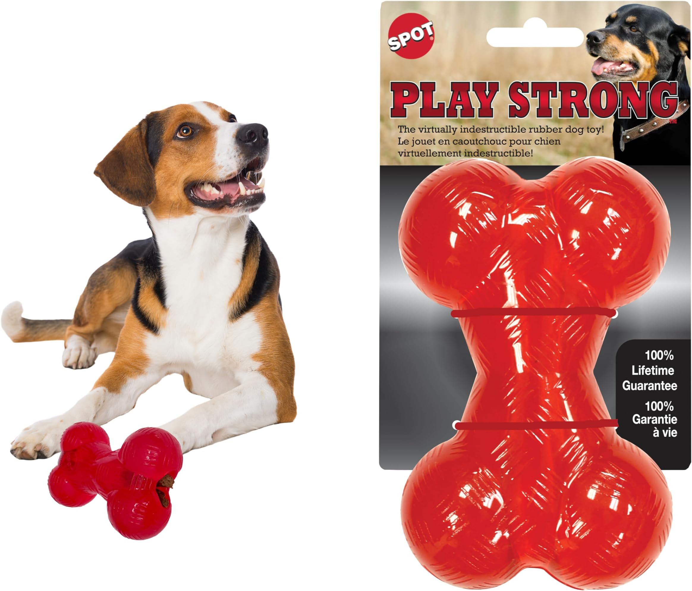 Play Strong Bone- Durable TPR Long Lasting Dog Chew for Aggressive Chewers, Hole for Treats, Virtually Indestructible Toy for Medium Dogs & Puppies - 5.5 inch