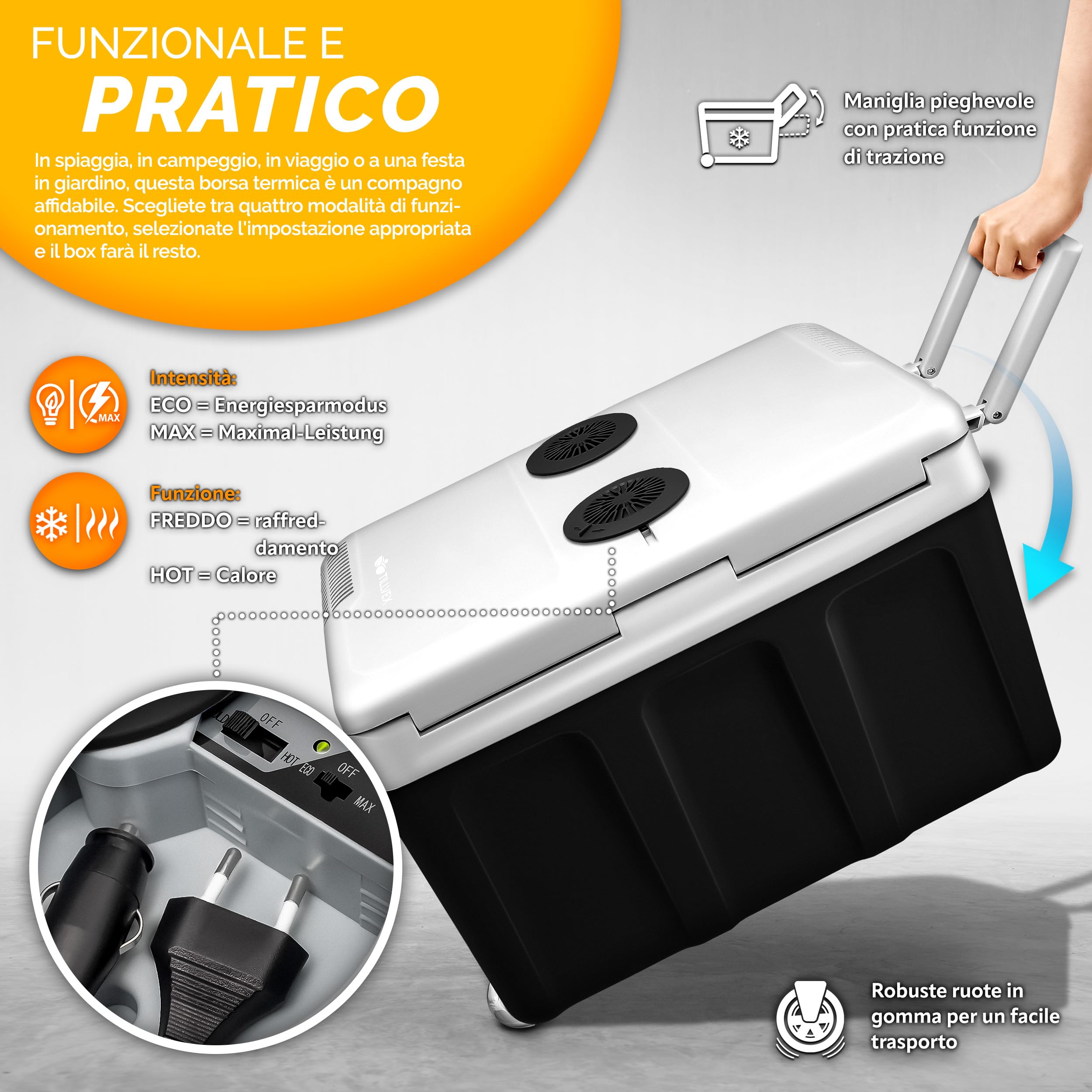 tillvex Frigorifero elettrico Portatile da 40L con rotelle | Mini-frigorifero campeggio da 230 V e 12 V per auto, camion, barca o camper | rinfresca e riscalda | modalità ECO (Antracite)