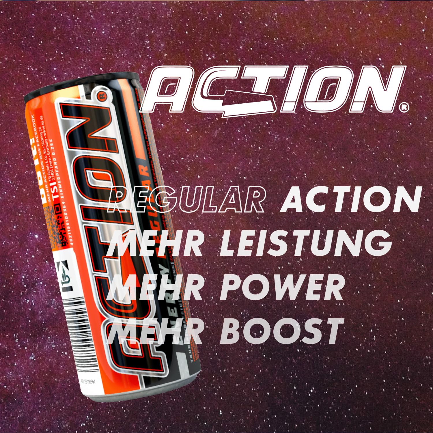Action Energy Drink Regular (48 x 500 ml) incluye depósito – Refresco con sabor a tutti-Frutti – patata energética con mayor contenido de cafeína – 48 latas de bebidas