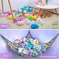 Vista 3 de Unicorn Castle Hamaca de red para animales de peluche, almacenamiento de juguetes con luz LED, organizador de juguetes de felpa para colgar