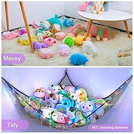 Unicorn Castle Stuffed Animals Net Hammock Kids Toy Storage with LED Light Plush Toy Organizer Corner Hanging Stuffed Animals Holder For Nursery Kids Girls Room Decor