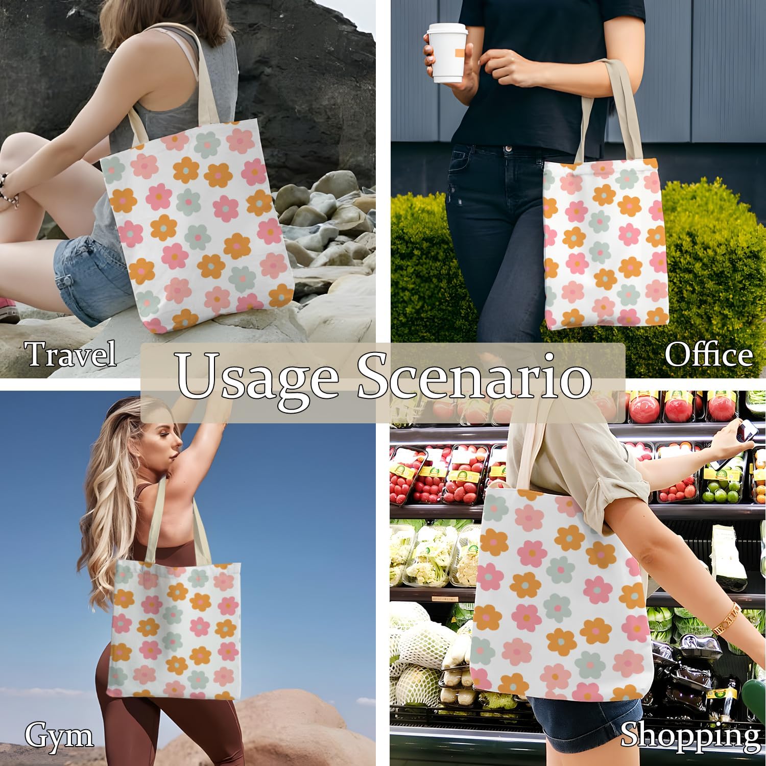 Aesthetic Floral Danish Pastel Flower Canvas Tote Bag for Women, Cute Reusable Grocery Shopping Bag, White, 693ys-STD-A - Image 5