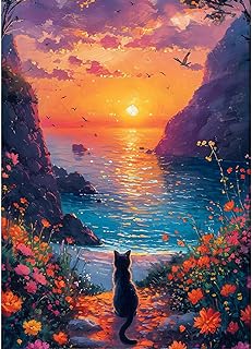 GDYEEH DIY 5D Sunset Diamond Art Kits, Kitten Full Round Drill Sparkling Cat Diamond Painting Picture, Flowers Diamond Painting Art Kits Craft for Adults Beginners, Home Wall Decor 12x16inch