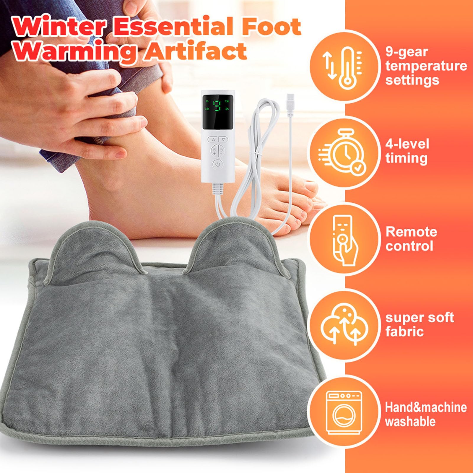Electric Heated Foot Warmer for Women and Men, Foot Heating Pad Washable Feet Warmer, 9 Temperature 3 Timer Setting, Fast Heating Pad for Bed, Under Desk, Office (US Plug 100-120V)
