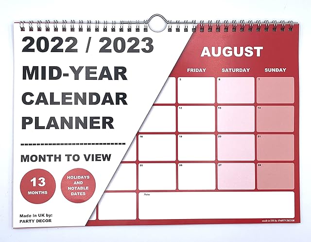 A4 Size Wire Bound Red Mid Year Calendar 2022-2023 - Month to View - Great for the Home, Office, Classroom or Work Place - Includes Months of August 2022 - August 2023