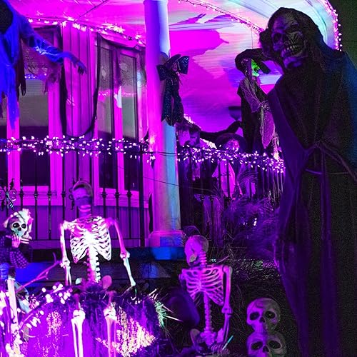 Miniatura 5 de POTIVE Paquete de 2 luces solares de Halloween moradas, total de 151 pies, 400 luces LED solares para exteriores, impermeables, 8 modos de luces