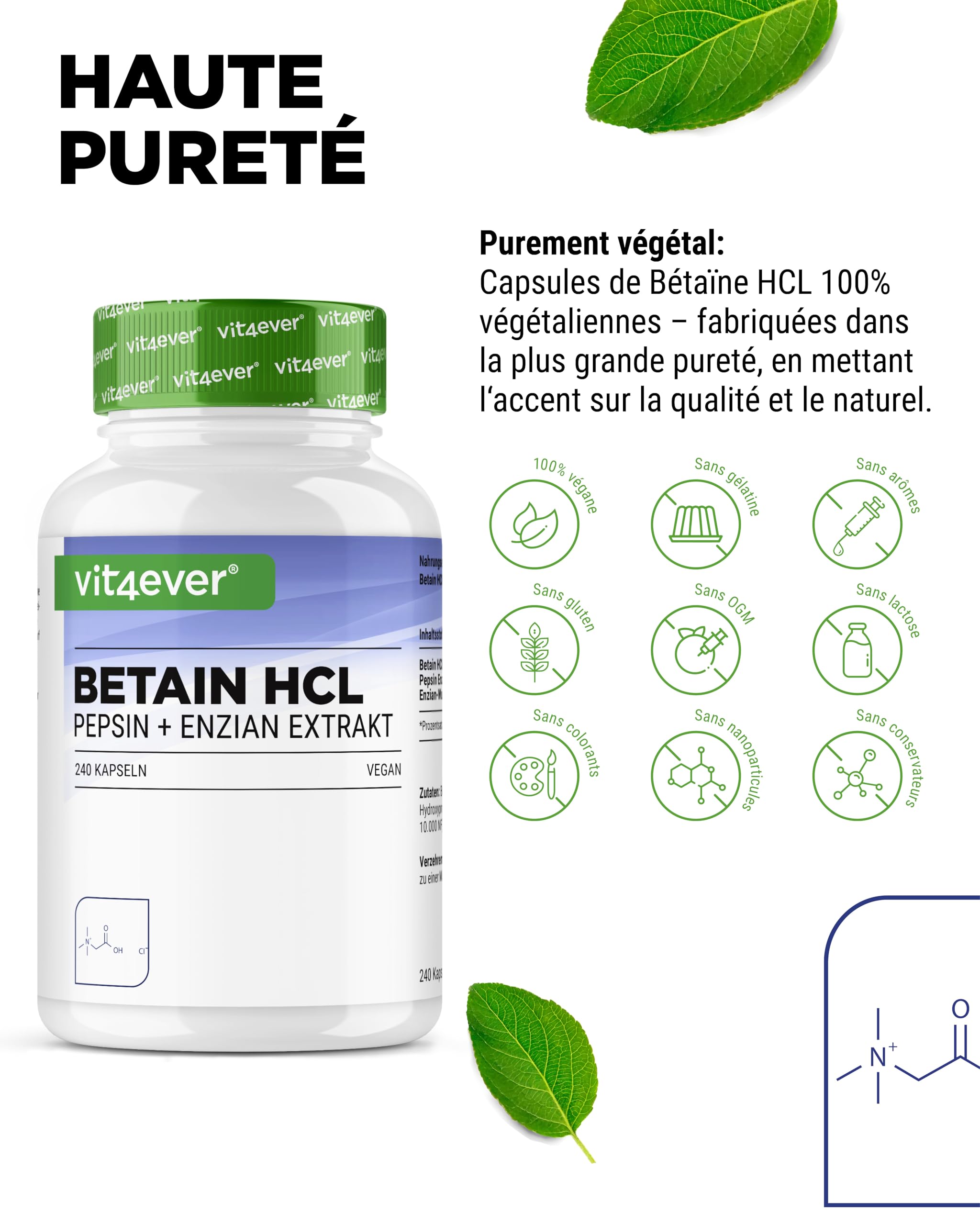 Betaine HCL - 240 Gélules avec 650 mg Bétaïne HCL - Avec Pepsine & Gentiane Amère - Enzymes Digestives à Spectre Complet - Forte Dose - Végan