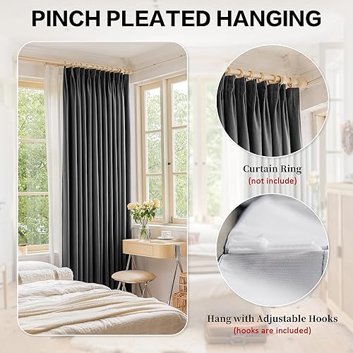 Miniatura 2 de HUTO Cortina plisada total blackout de lino sintético de 108 pulgadas de largo, con alzapaños para dormitorio, sala de estar, sala de reuniones,