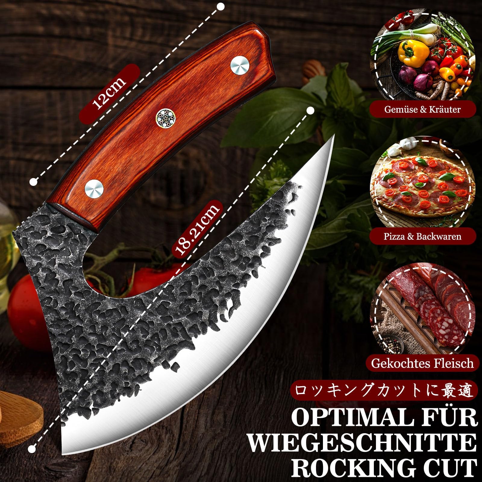 TIVOLI Professioneller Pizzamesser mit scharfer rostbeständiger Klinge aus Kohlenstoffstahl Pizza Axt aus hochwertigem Kohlenstoffstahl, Handgefertigte Pizzaschneider mit Lederscheide