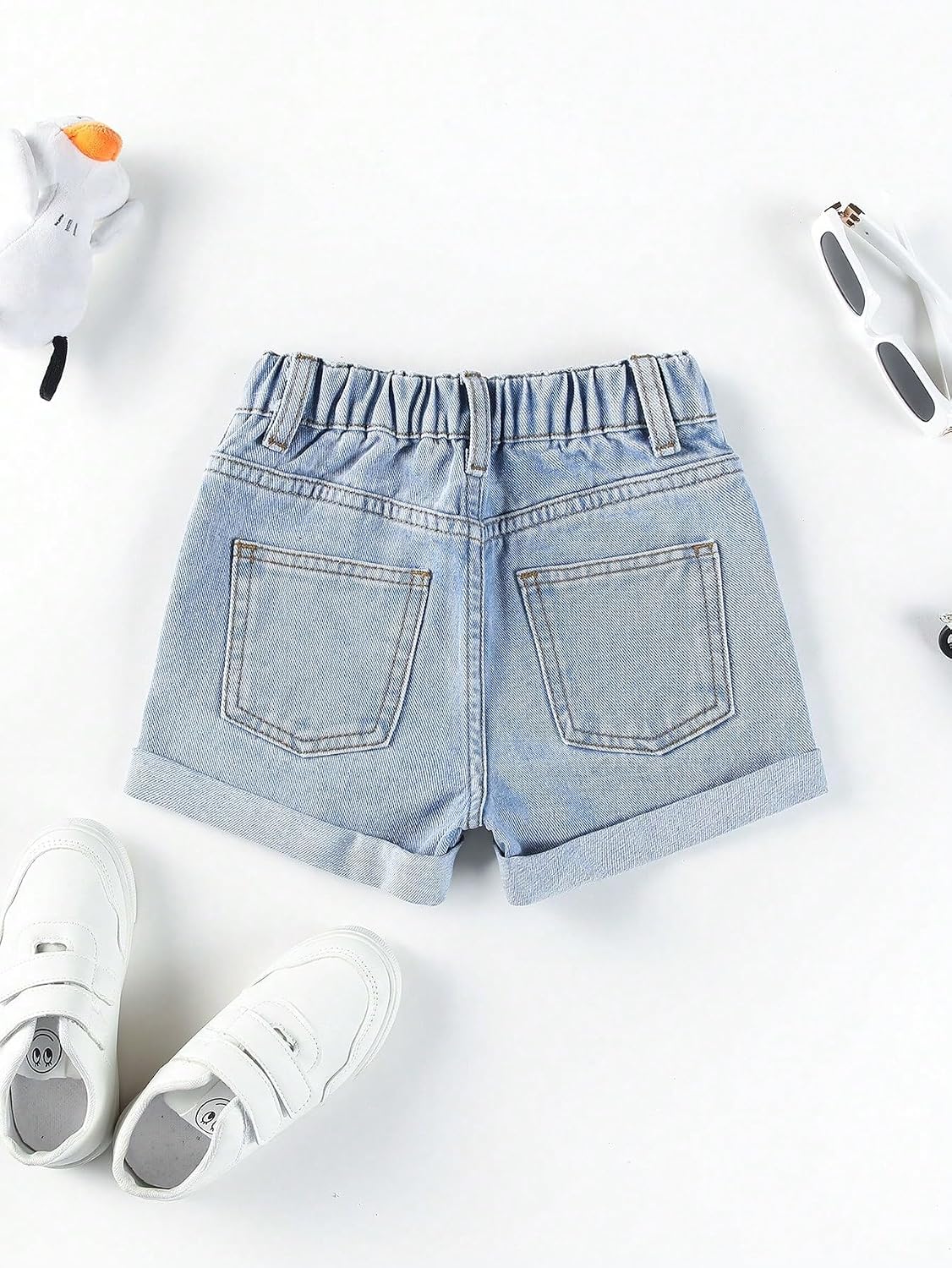 Verdusa Toddler Girls Ripped Roll Up Hem Denim Shorts Elastic Waist Straight Leg Shorts