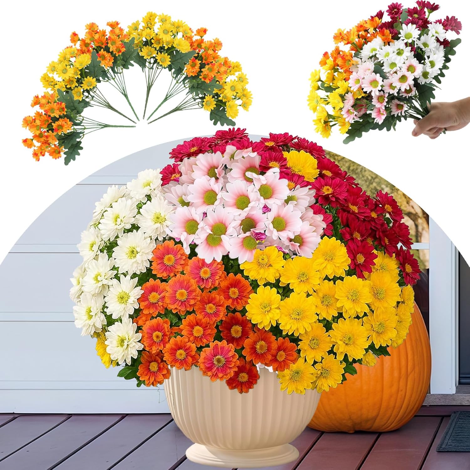 Artificial Mums for Outdoors,Artificial Sunset Mums,UV Resistant No Fade for Outside Porch Garden Pots Planters Autumn Fall Decor,Look Real, Full, Vibrant (Orange, 10 Bundle)