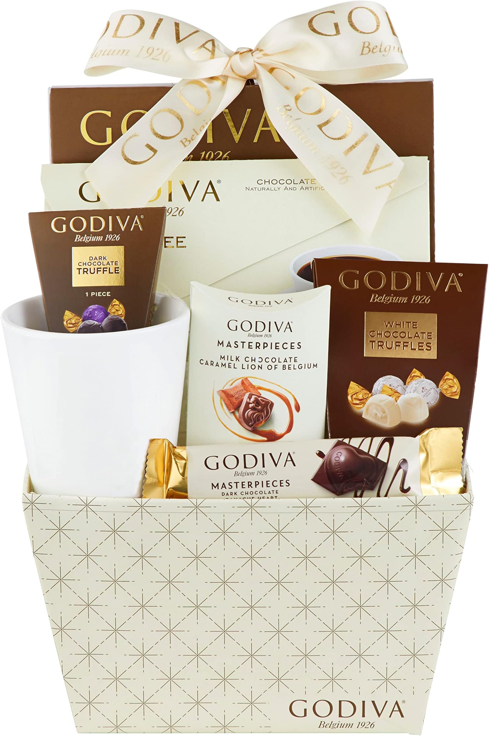 JOPROCH Godiva Truffles, Coffee and Chocolate Hot Cocoa Gift Basket Includes 10oz White Mug