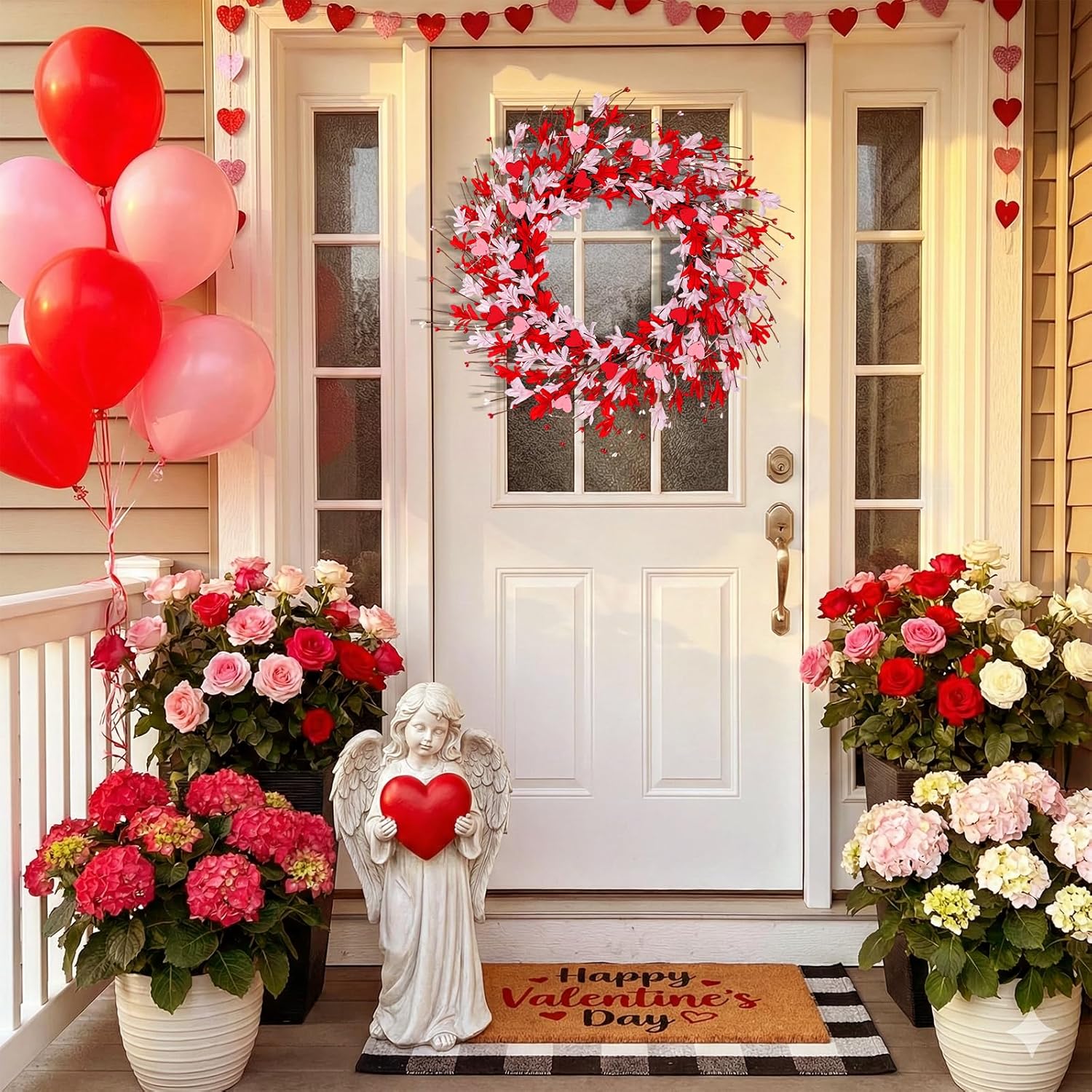 Valentines Day Decorations - 20 Inch Valentines Wreath, Artificial Lighted Pink Forsythia Wreath with Hearts Berries, Spring Summer Wreaths for Front Door Home Windows Wall Party Outdoor Indoor Decor - Image 4