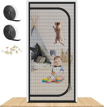 Upgraded Reinforced Cat Screen Door Fits Door Size 30x 80, Heavy Duty Pets Proof Screen Door with Two Way Zipper, Prevent Dogs Cats Running Out from Home, Bedroom, Living Room, Kitchen Patio Door