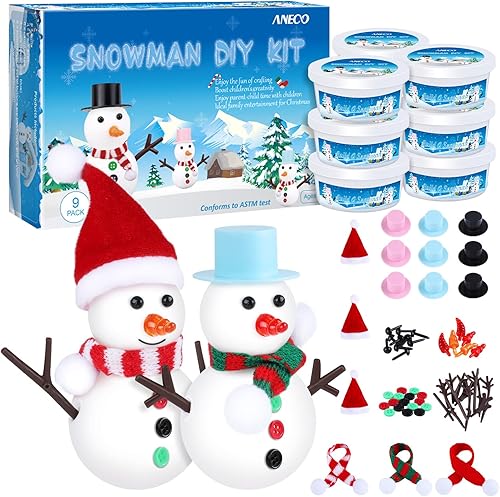 Aneco Paquete de 9 muñecos de nieve de Navidad, kit de manualidades de bricolaje para construir muñeco de nieve de arcilla seca al aire, decoración