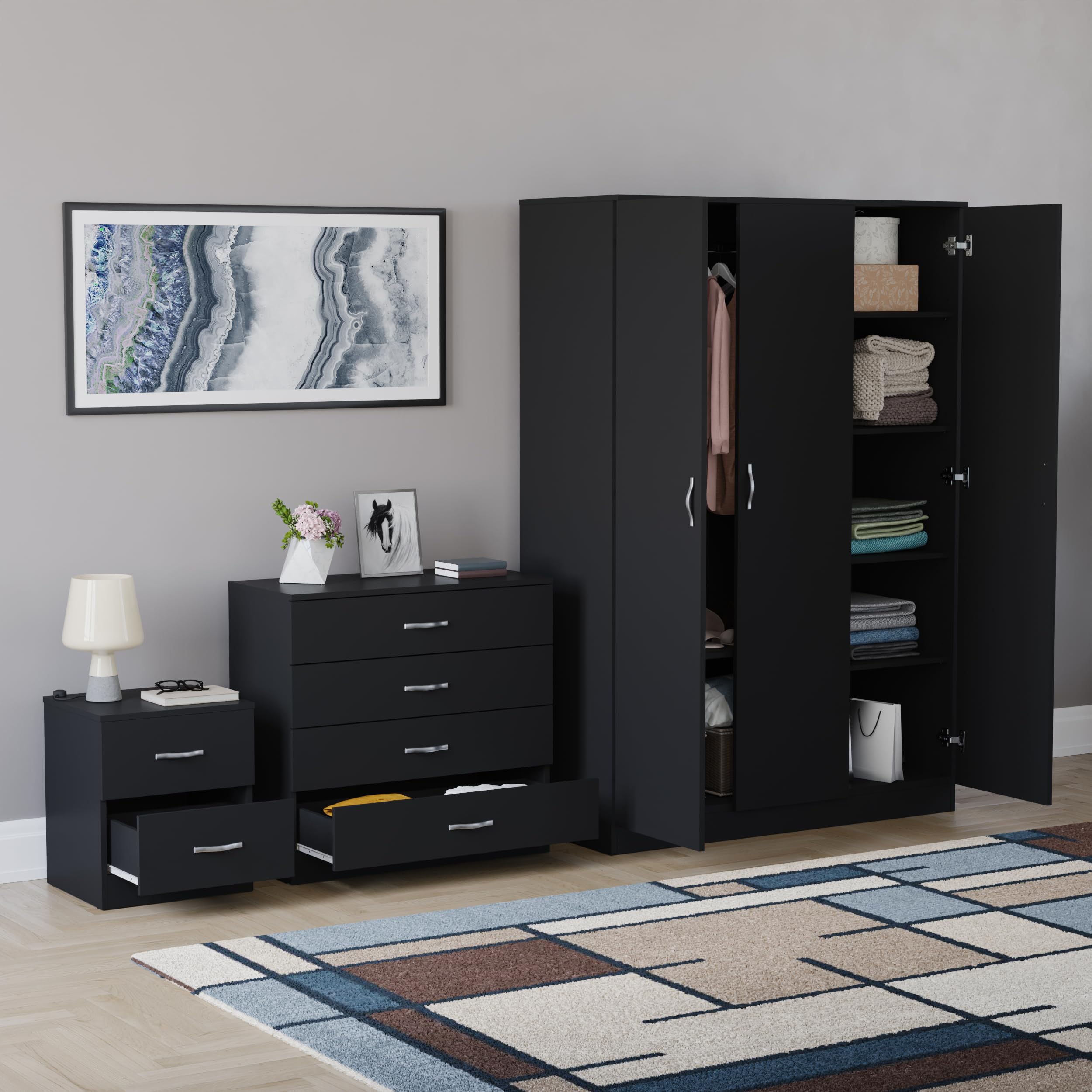 Vida Designs Riano - Juego de dormitorio de 3 piezas (mesita de noche de 2 cajones, cómoda de 4 cajones, armario de 3 puertas), color negro (5)