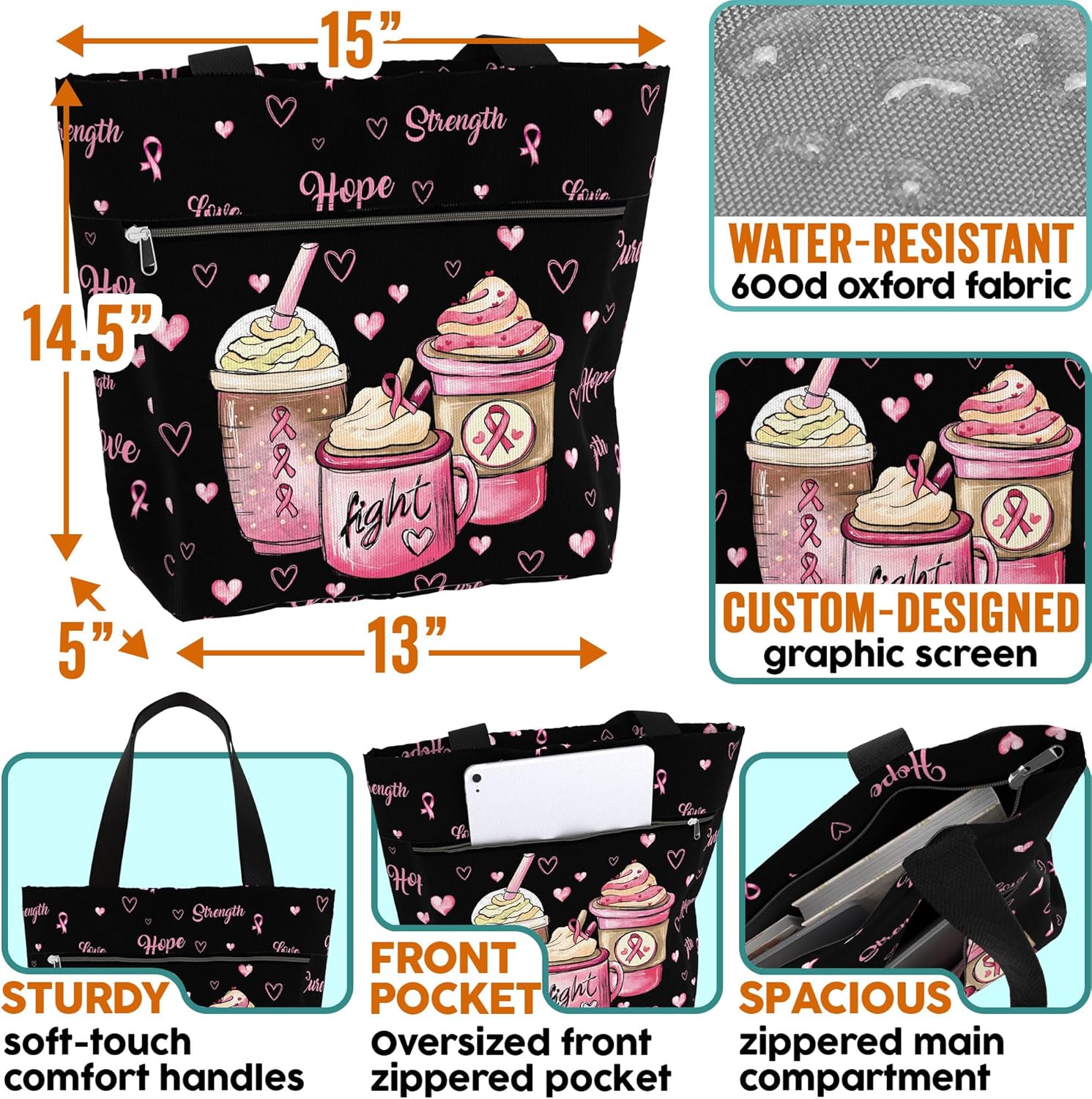 84hoods Waterproof Tote Bag with Pockets and Zipper for Work. Breast Cancer Awareness Gift for Survivors Fighters for Women.