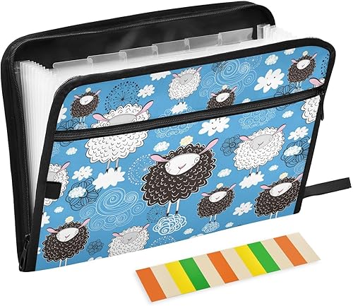 Cartoon Cute Sheep on Cloud Blue File Folder Expandable 13 Pockets A4 Letter Size Organizer with Pockets with Zipper Closure Paper File Organizer