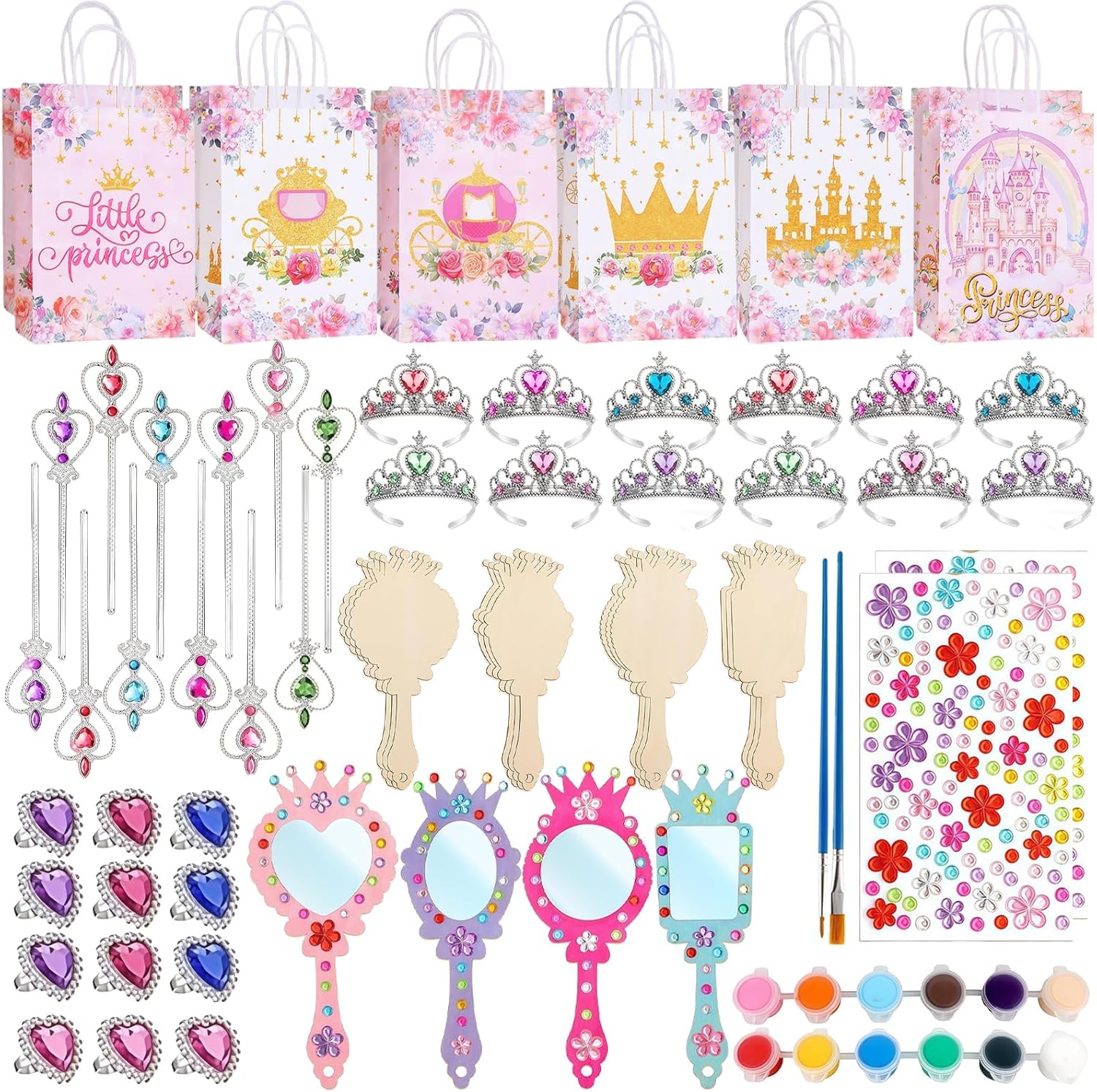 76 PCS Princess Party Favors Birthday Party Decorations Including Crown, Magic Wand, Diamond Ring, Mirror, Princess Goodie Bag Stuffers Princess Crown Party Supplies for Girls