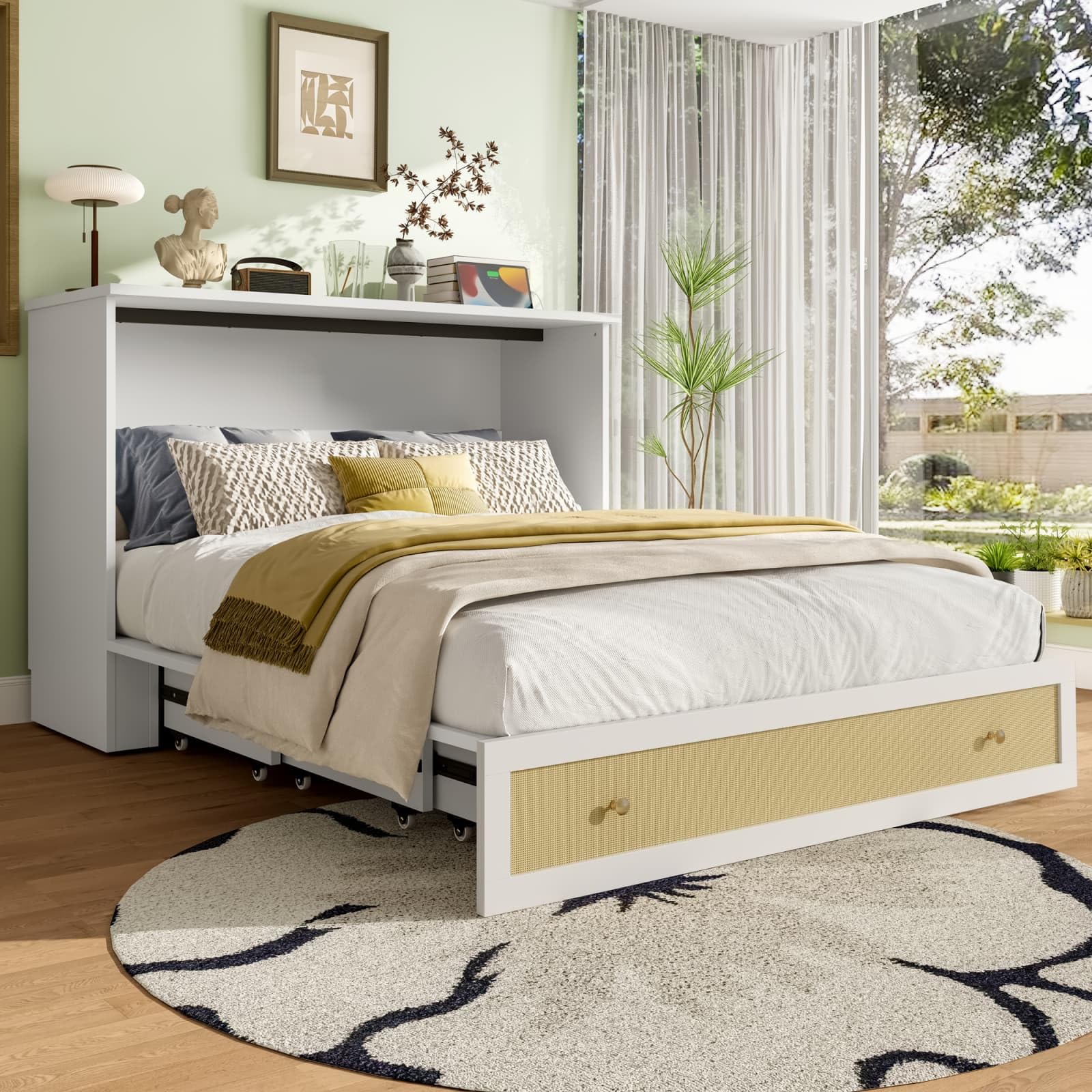 KOMHTOM Lit Escamotable en Bois 140 x 200 cm, Lit Multifonctionnel Transformable, Prise de Charge Intégrée et Port USB, Tiroir de Rangement(sans Matelas) (Blanc)