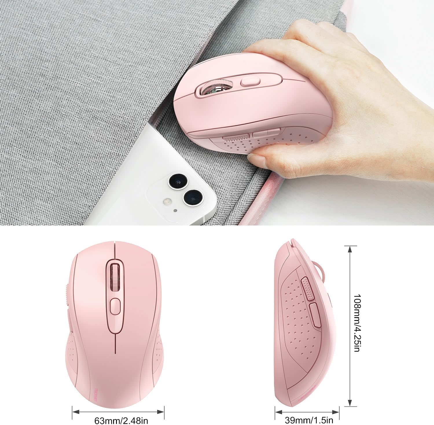 TECKNET Bluetooth Mouse, 4000DPI Wireless Mice for Laptop 2-in-1(BT 5.0/3.0+2.4Ghz) Computer Portable PC Mouse Wireless with USB Receiver for Mac (USB-A+Bluetooth, Pink) - 3