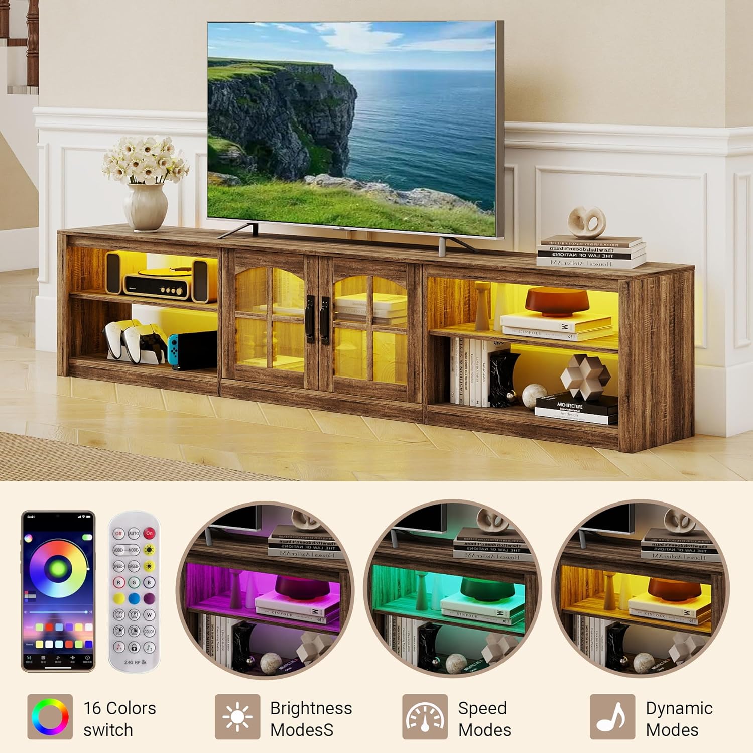 78"TV Stand for Tvs up to 85",Entertainment Center with Adjustable Shelf and Glass Door Storage Cabinet, Farmhouse Barn Door Wood TV Media Console with LED Lights for Living Room Furniture Bedroom