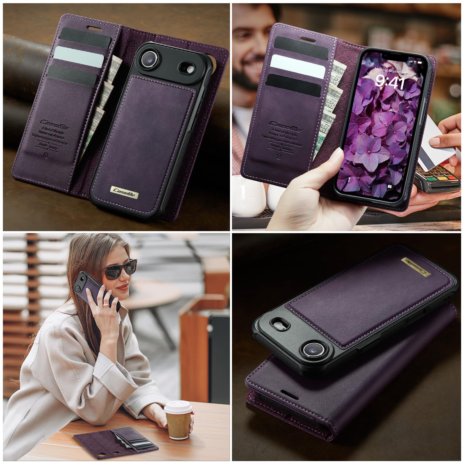 Etui portfelowe na iPhone'a 17 Air z 3 przegródkami na karty i przegródkami na gotówkę, magnetyczne zamknięcie z klapką, odłączany magnetyczny design 2 w 1, kompatybilne z Magsafe - fioletowe