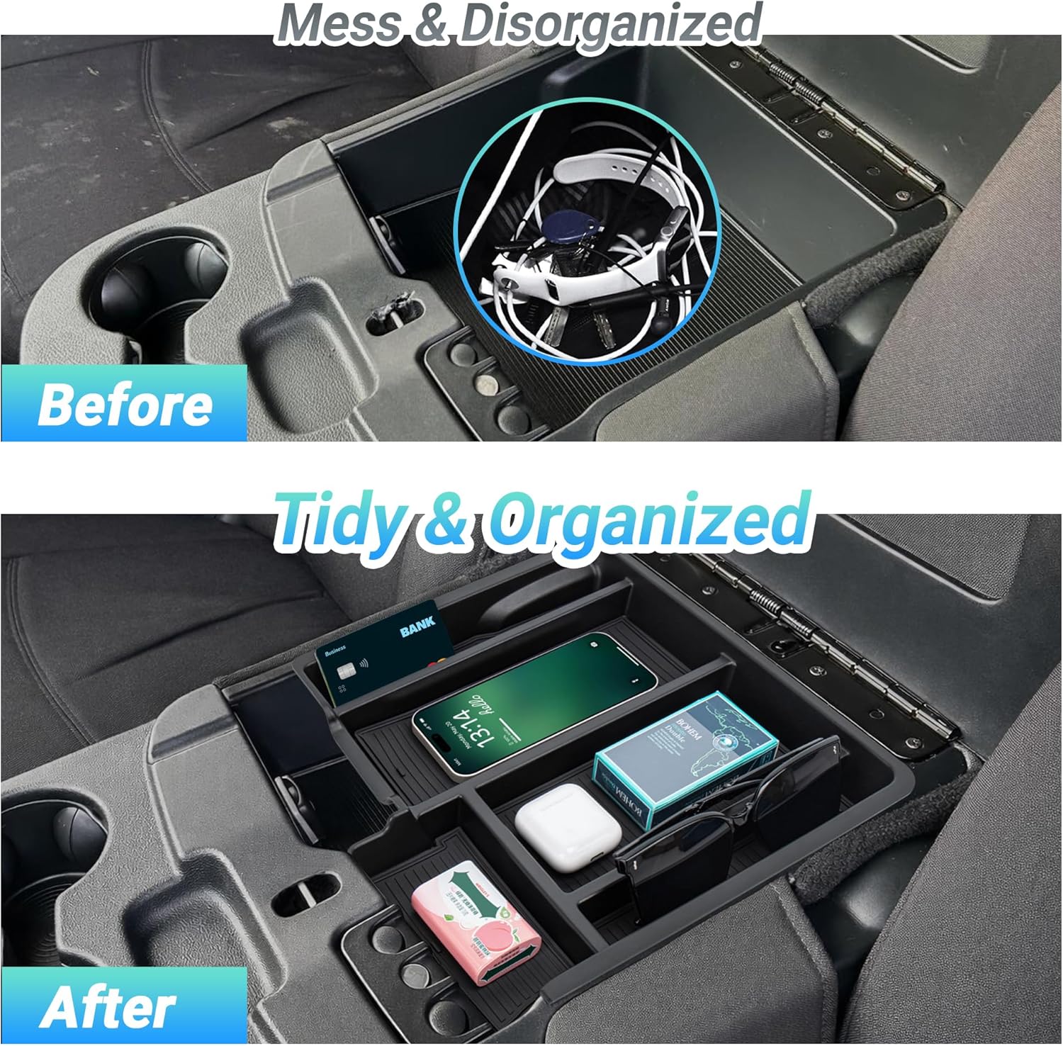 Center Console Organizer Compatible with 2013-2024 Dodge RAM (1500/1500 Classic/2500/3500) Accessories, Armrest Storage Box Tray (Only fit for Jump Seat with Three Cup Holders)