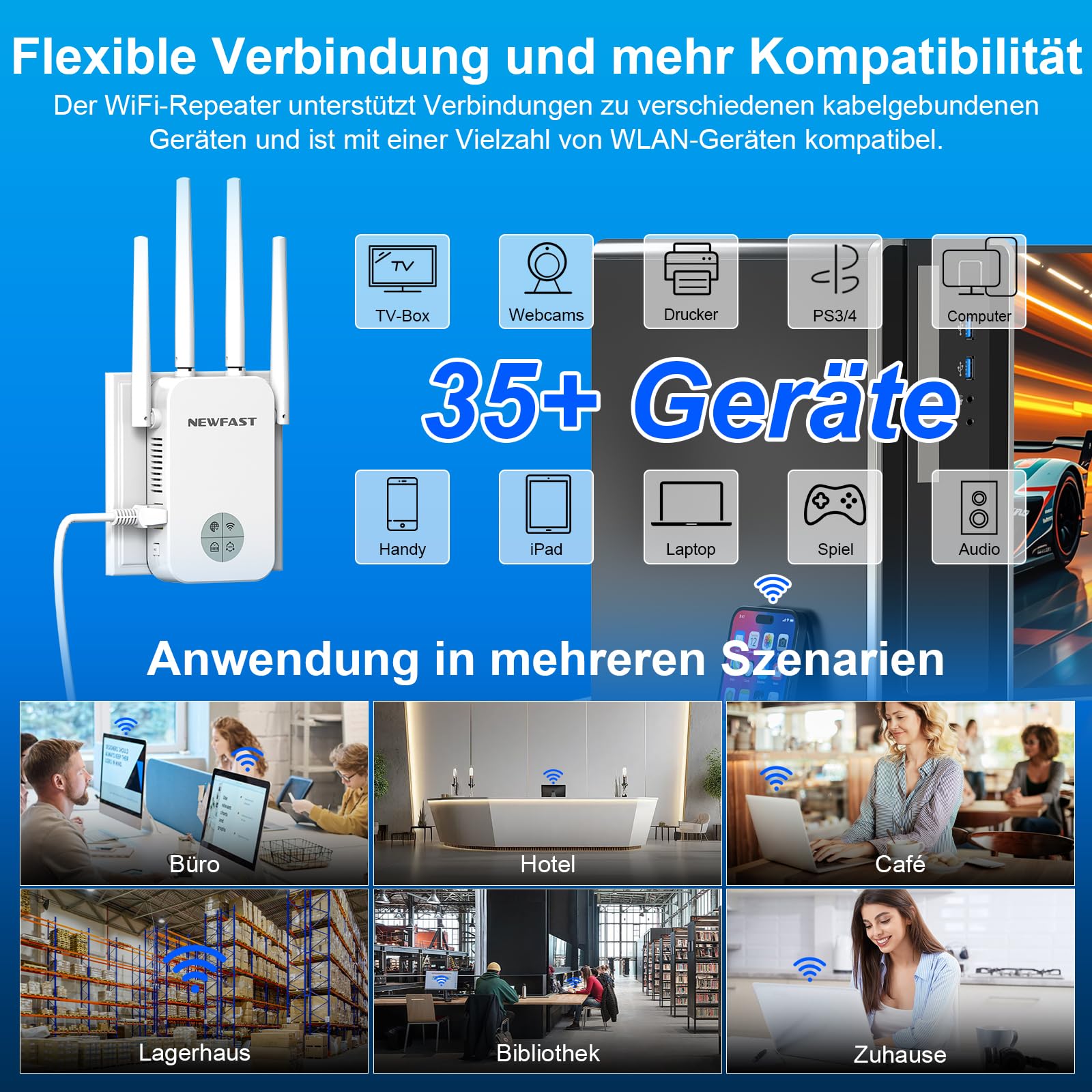 NEWFAST WLAN Verstärker,1200Mbit/s Dual Band WLAN Extender with WPS,4X Swivelling Antennes,Ethernet Port,WiFi Booster of Multiple Functions,WiFi Repeater Extender Compatible with All WLAN Devices