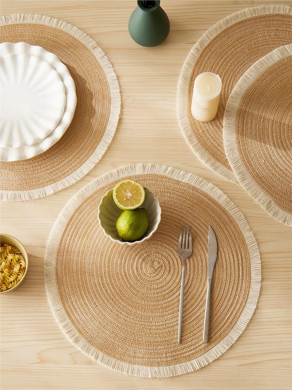 4pcs/Set Fringe Eco-Friendly Household Non-Slip Morden Style Table Woven Placemats Polyester Round Mat(Ivory)
