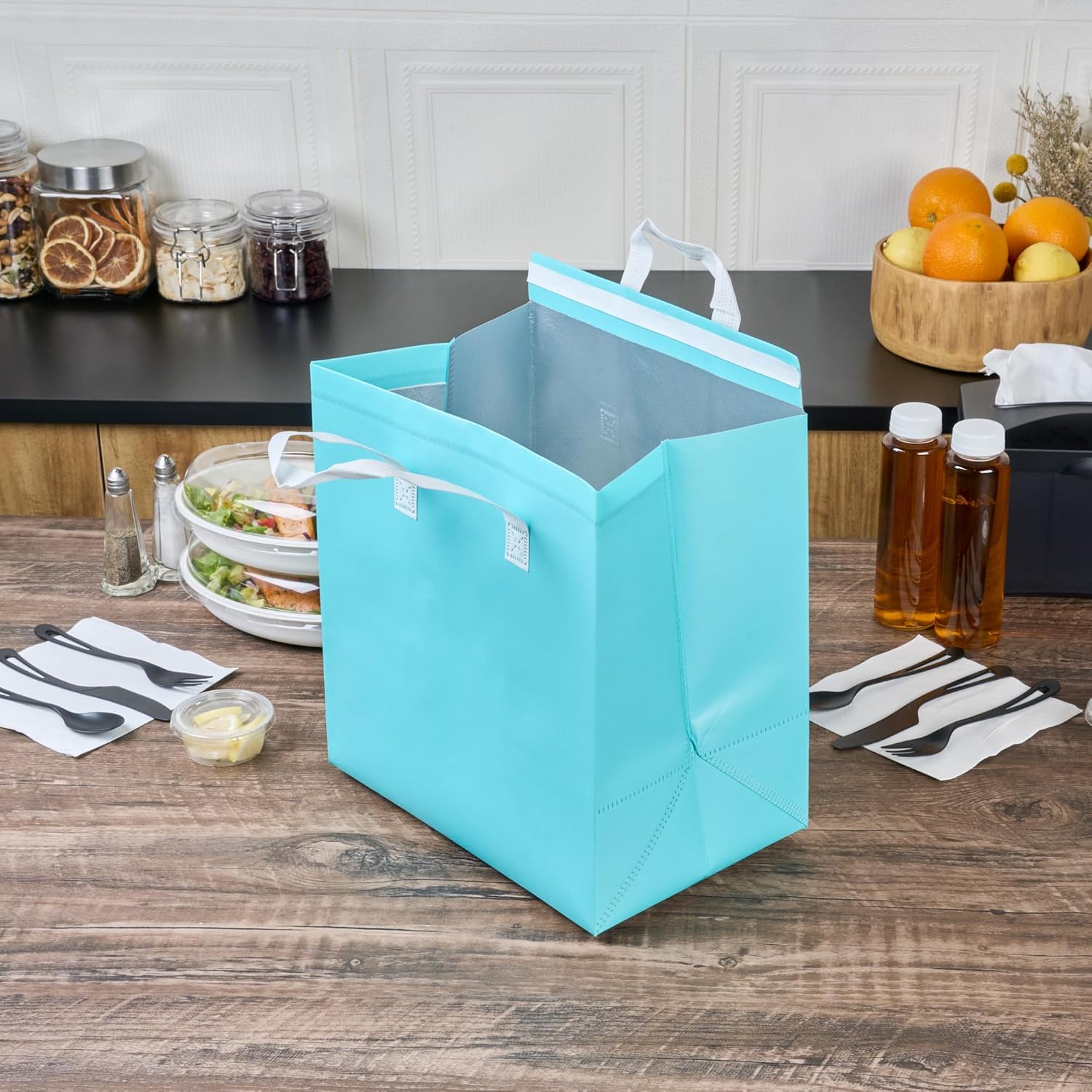 Restaurantware Insulated Delivery Bags 100 Count 11.811 x 7.874 x 12.598 Inches Nonwoven Take Out Bags For Food With Sturdy Handles, Teal Insulated Grocery Bags Tamper-Evident Foldable