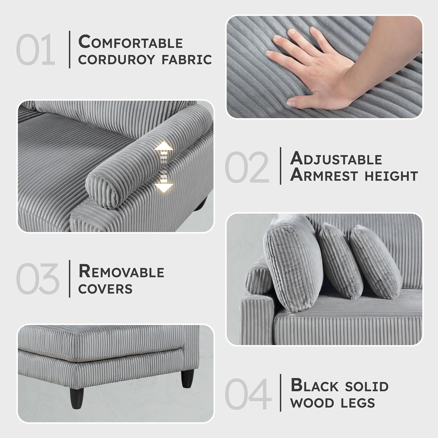 Lexicon 120 Inch Modular Sectional Sofa - Oversized 5 Seater Corduroy L Shaped Sectional Couch, 8 Accent Pillows, and Flexible Arrangement for Modern Living Rooms, Gray