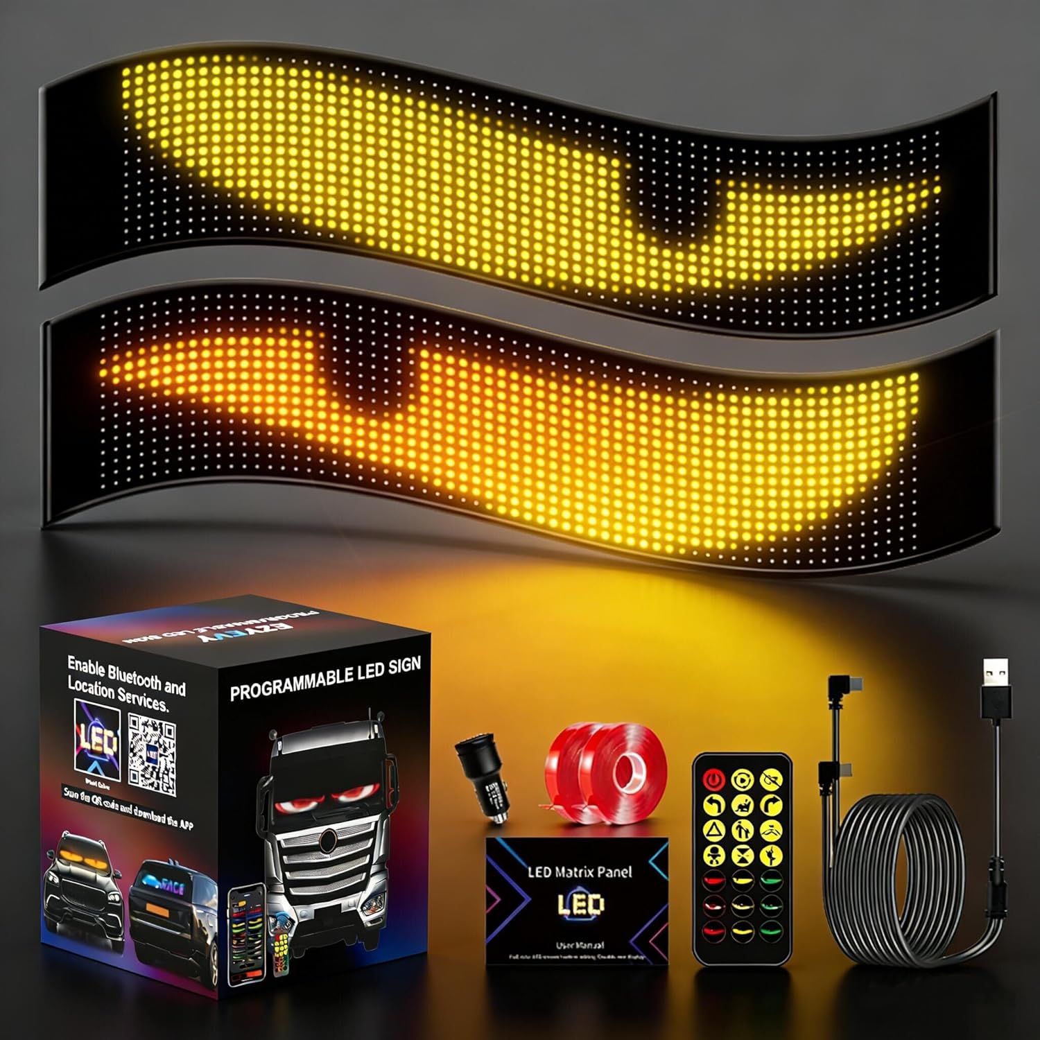 HYPERLITE Programmable LED Sign 2026: Bluetooth APP Control Scrolling Display 23.4" x 4.7" - 𝟐𝐏𝐚𝐜𝐤 Portable Devil Eyes Light for Car Truck Windshield - LED Advertising Display for Store Trade Shows