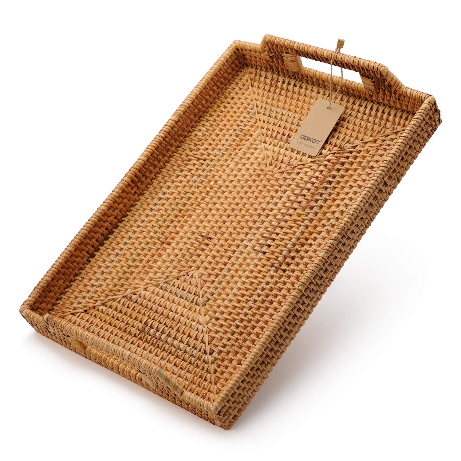 Bandeja Rectangular de Ratán Tejida a Mano para Servir Comida y Bebidas Decorativa con Asas 43x29x4.5cm Natural