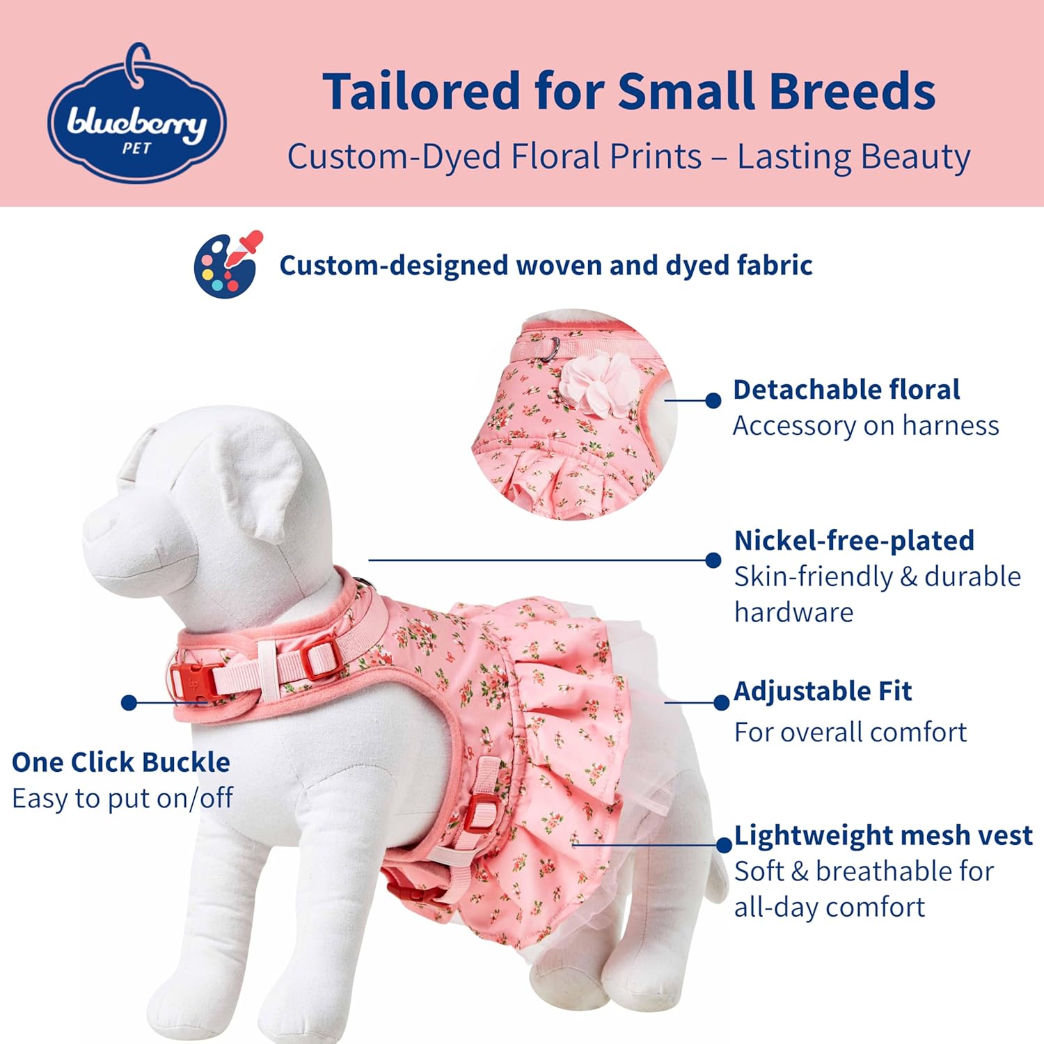 Blueberry Pet Soft & Comfy Floral No Pull Mesh Dog Harness, X-Small, Rose Baby Pink, Dress Harness for Dogs Girl, Small Dog Vest Harness, Fashionable for Puppy Owners
