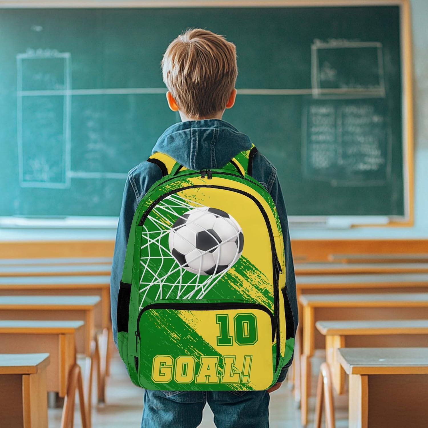 Soccer Backpack for Boys, Kids Large Capacity Backpack for School Outdoor Travel 16.5inch (Green&Yellow)